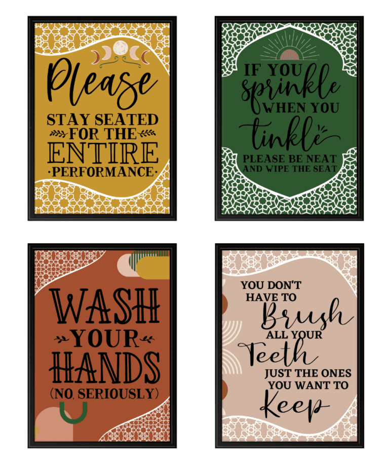 Free download of boho-themed bathroom prints featuring humorous quotes and designs, perfect for adding a playful, eclectic touch to your space