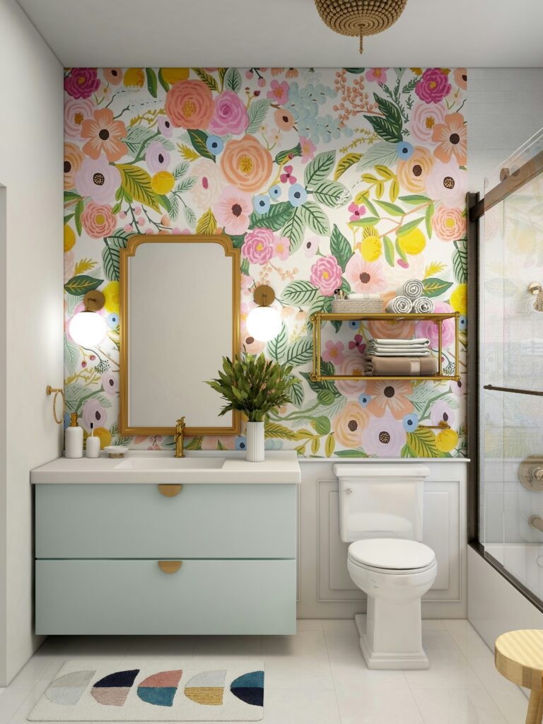 Bright Bathroom with Floral Wallpaper