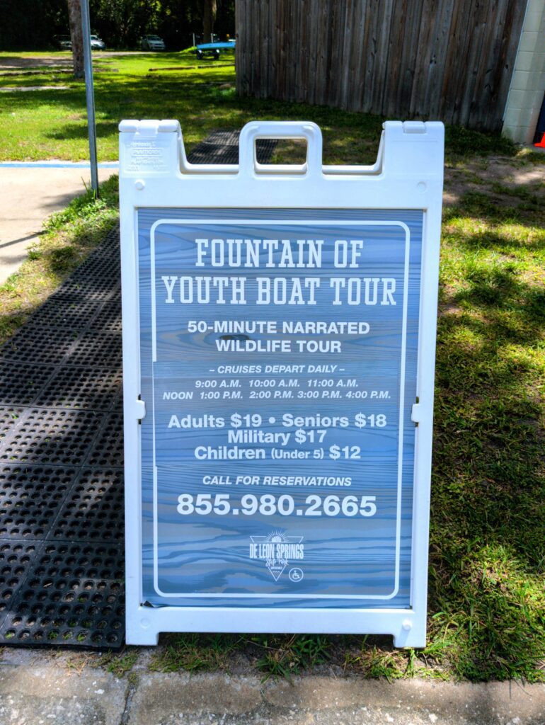 Fountain of Youth Boat Tour pricing and information sign at De Leon Springs State Park.RAW-02